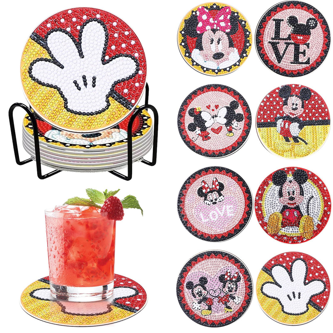 8 Stück Diamant Malerei Untersetzer mit Halter, DIY Mickey Minnie Malsets für Erwachsene und Kinder