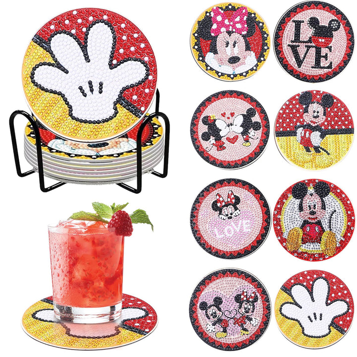 8 Stück Diamant Malerei Untersetzer mit Halter, DIY Mickey Minnie Malsets für Erwachsene und Kinder