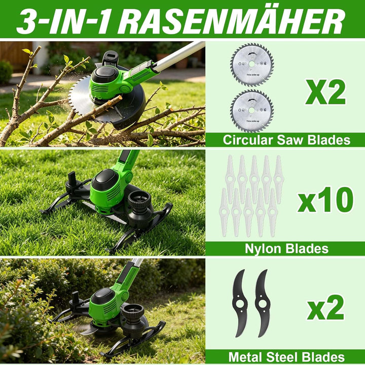 Rasentrimmer mit Akku, 2 in 1 Akku Rasentrimmer mit 2 x 3.0Ah Akku | 21V Akku Freischneider/Rasenkan