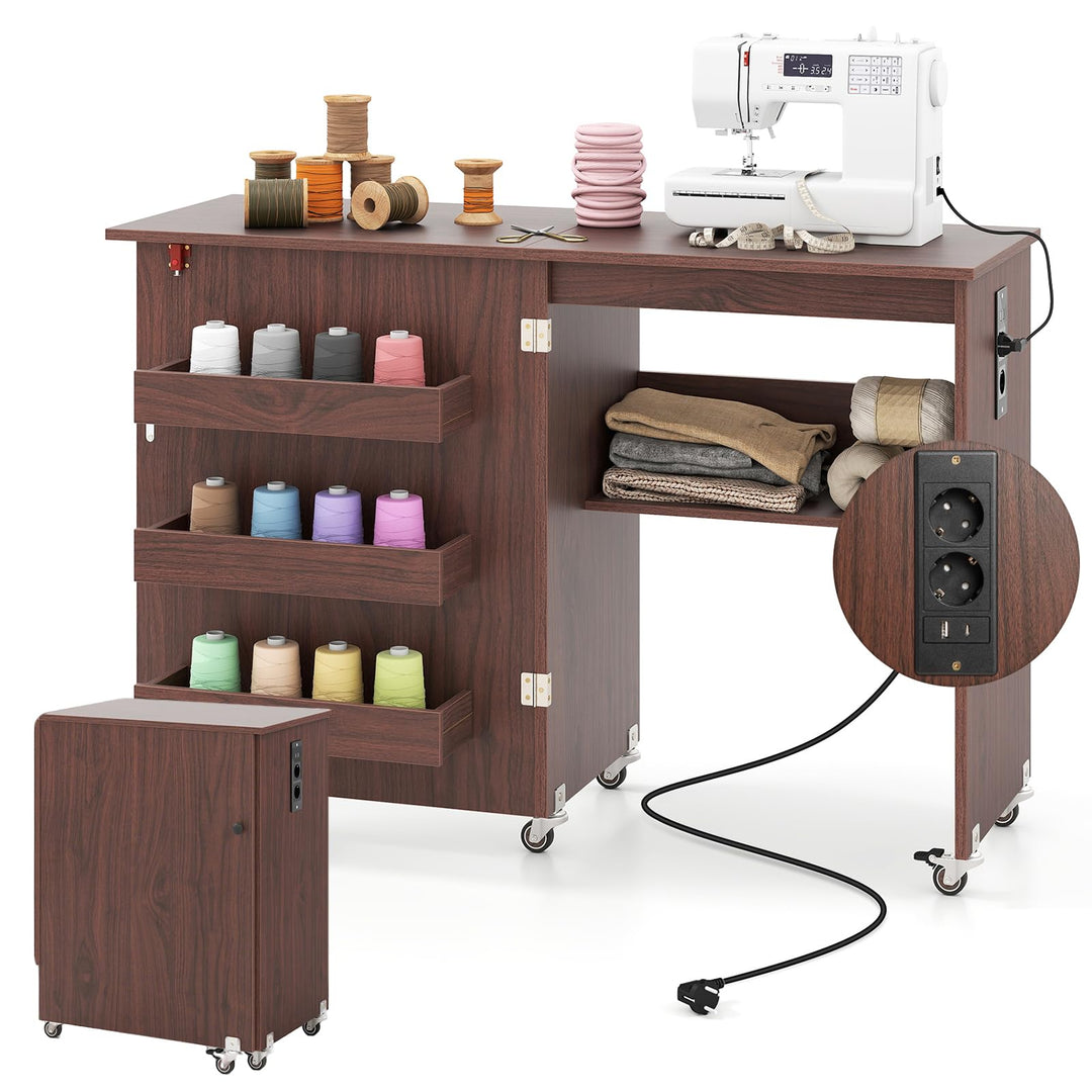 RELAX4LIFE 2 in 1 Nähtisch, Nähmaschinenschrank klappbar mit Ladestation, Nähschrank aus Holz mit Re