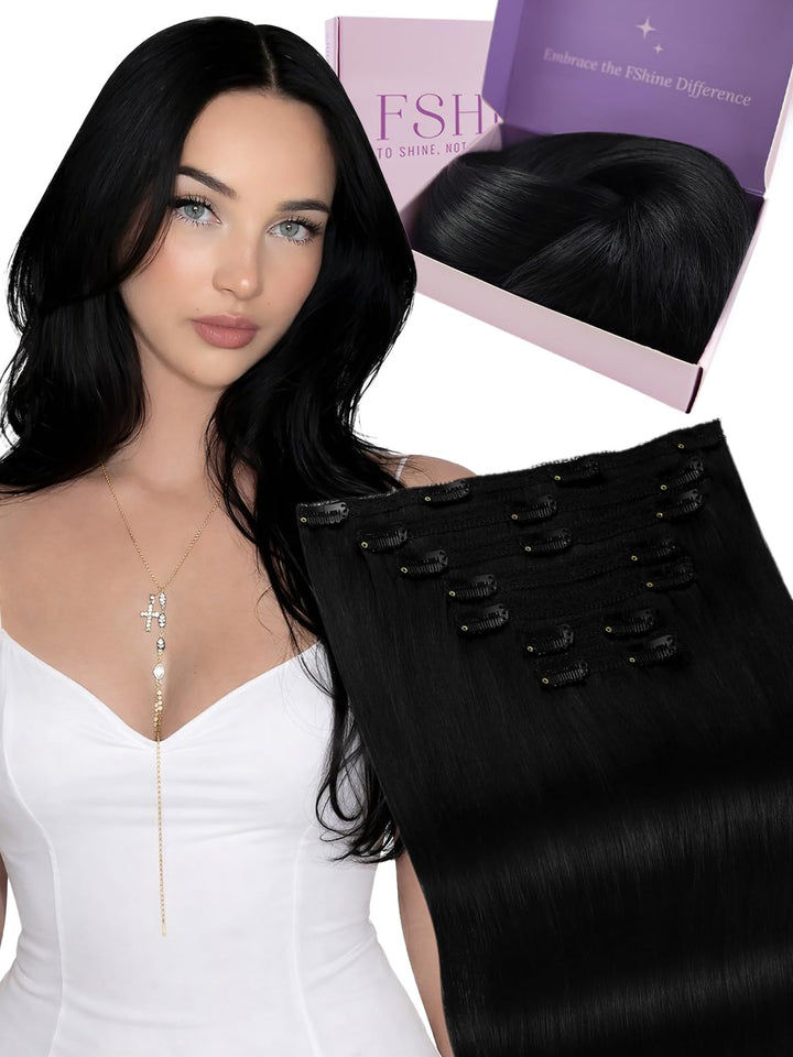 Clip in Extensions Echthaar Schwarz, 7 Stücke 120 g, 40 cm, seidig, Echthaar Haarverlängerung Clip i