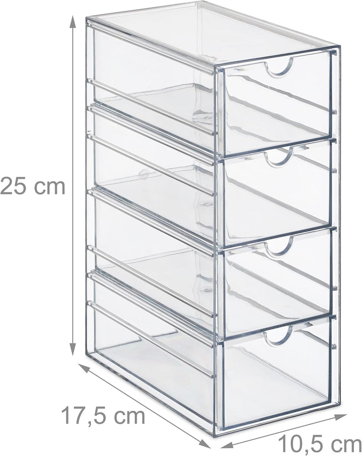 Relaxdays Schubladenbox, 4 Fächer, Organizer für Make Up, Büro, Bastelsachen, Kunststoff, Schubladen