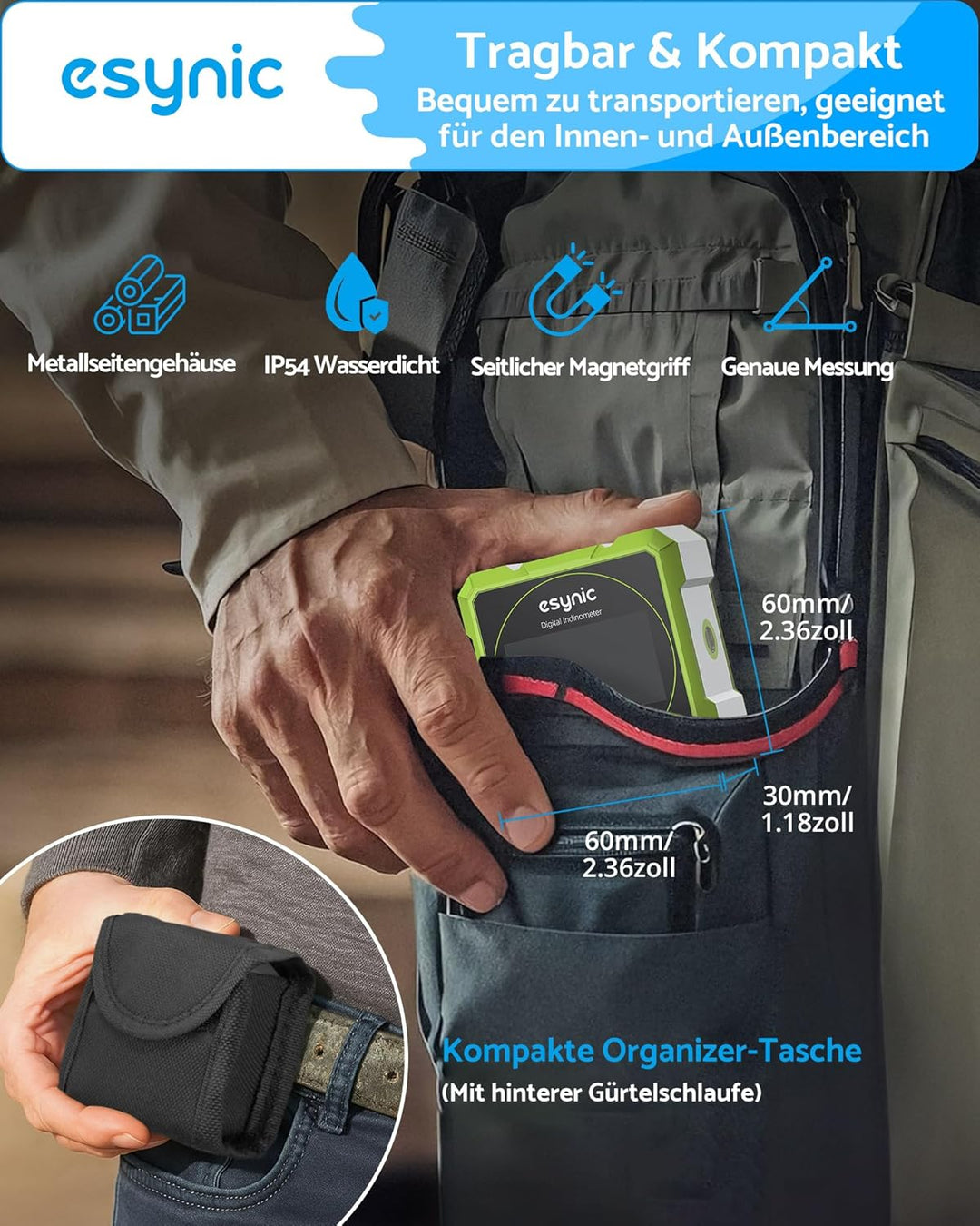 eSynic Digitaler Winkelmesser Neigungsmesser grüner Laser Wasserwaage mit LCD-VA Display 4-Seitiges