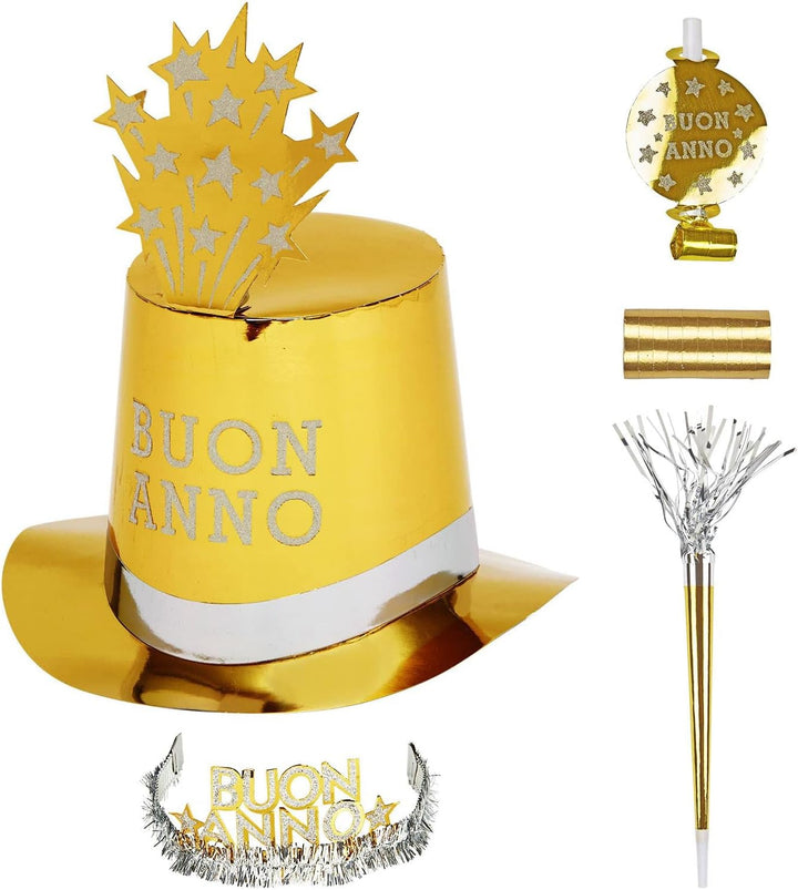 "GOLD BUON ANNO PARTY KIT" for 10 persons (5 top hats, 5 crowns, 5 sounding trumpets, 5 sounding blo