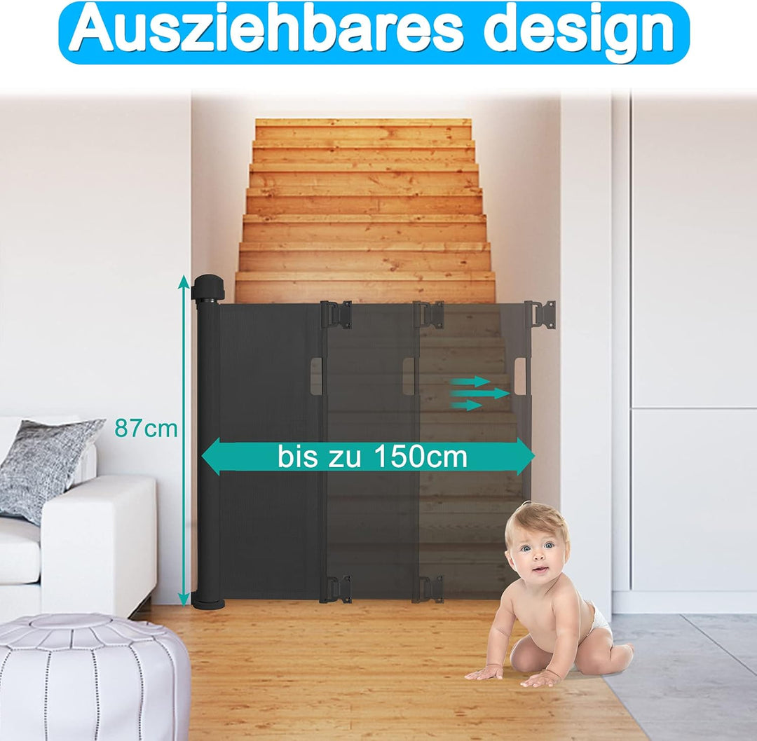 NAIZY Treppenschutzgitter Rollo Ausziehbar 0-150cm Türschutzgitter 87cm Hohe Absperrgitter Schwarz T