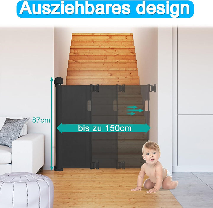 NAIZY Treppenschutzgitter Rollo Ausziehbar 0-150cm Türschutzgitter 87cm Hohe Absperrgitter Schwarz T
