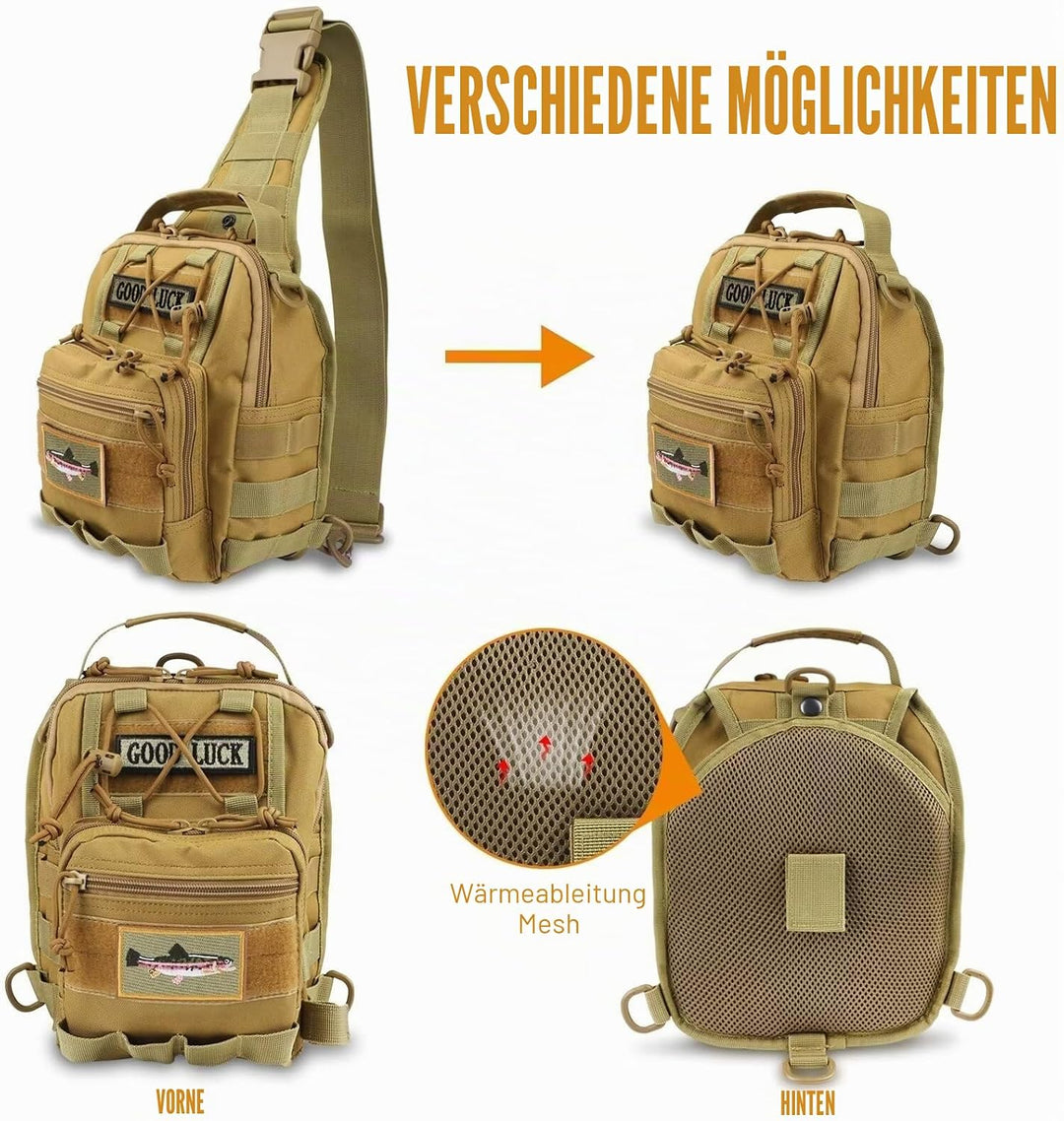 Dovesun Kleiner Angelrucksack, Fliegenfischen Sling Pack Wasserdichter Angelrucksack mit Angelkoffer