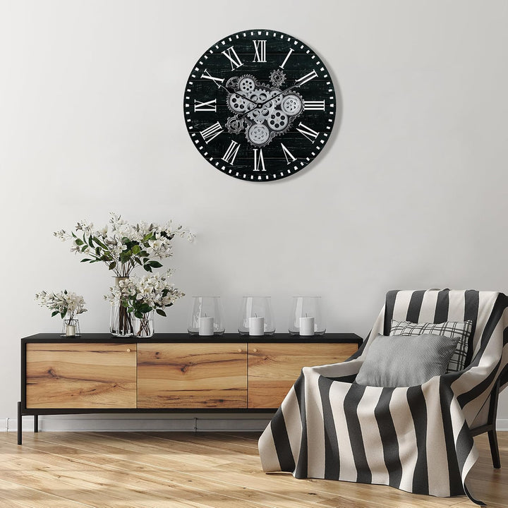 Lafocuse Schwarz Wanduhr Gross mit Beweglichen Zahnrädern Industrial Steampunk XXL Holz Vintage Retr