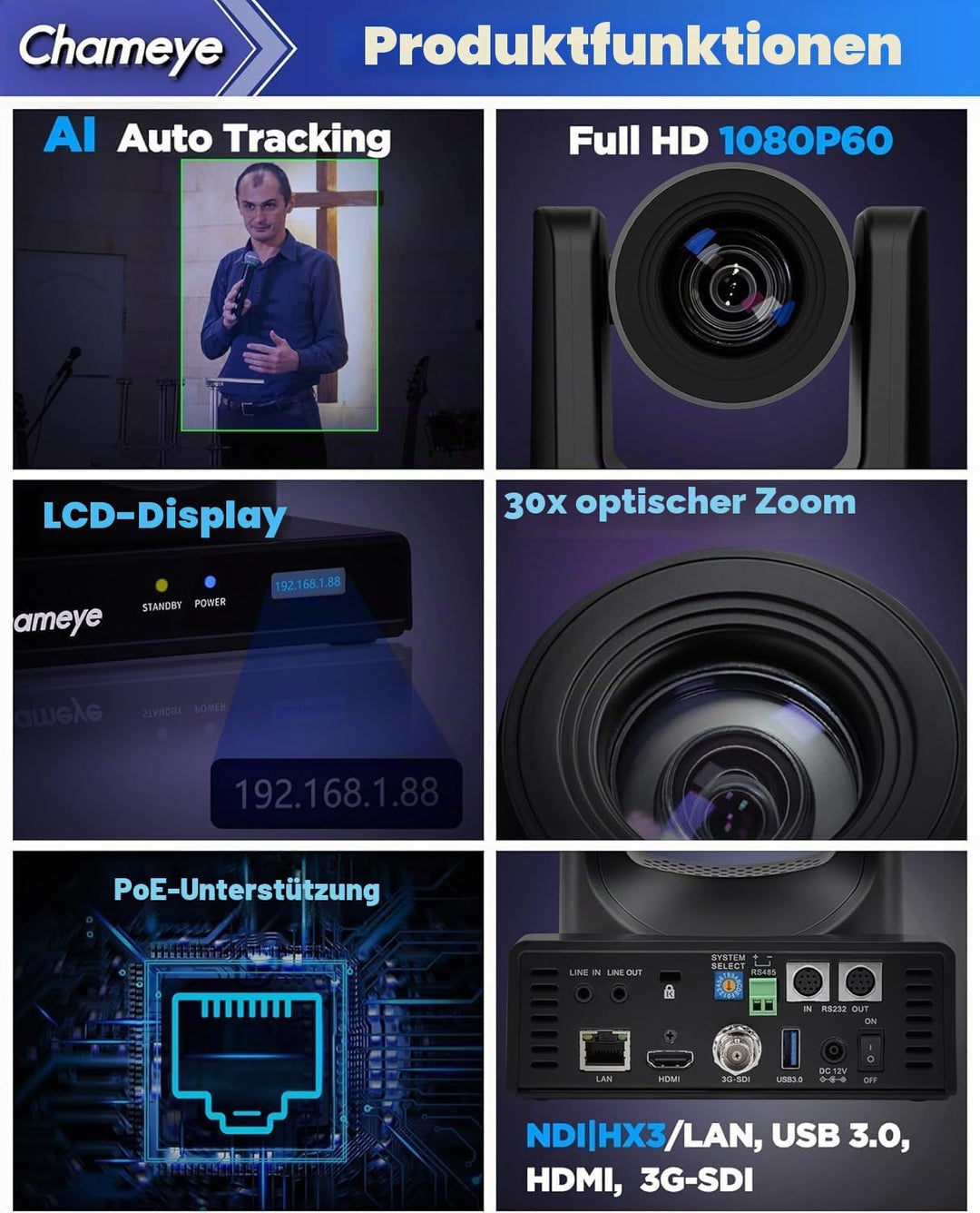 Chameye NDI PTZ Camera 30x Optical Zoom AI Auto Tracking PTZ Camera with LCD Display, NDI 3G-SDI IP