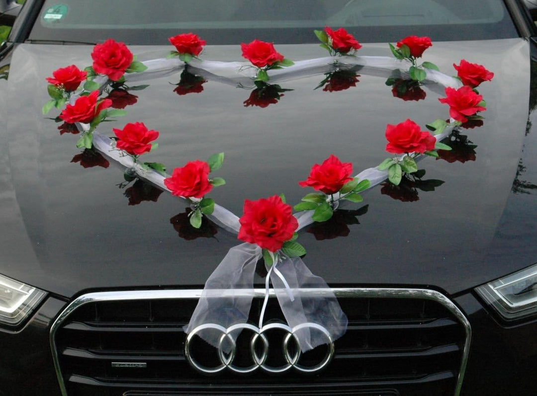 Organza Herz Auto Schmuck Braut Paar Rose Deko Dekoration Autoschmuck Hochzeit Car Auto Wedding Deko