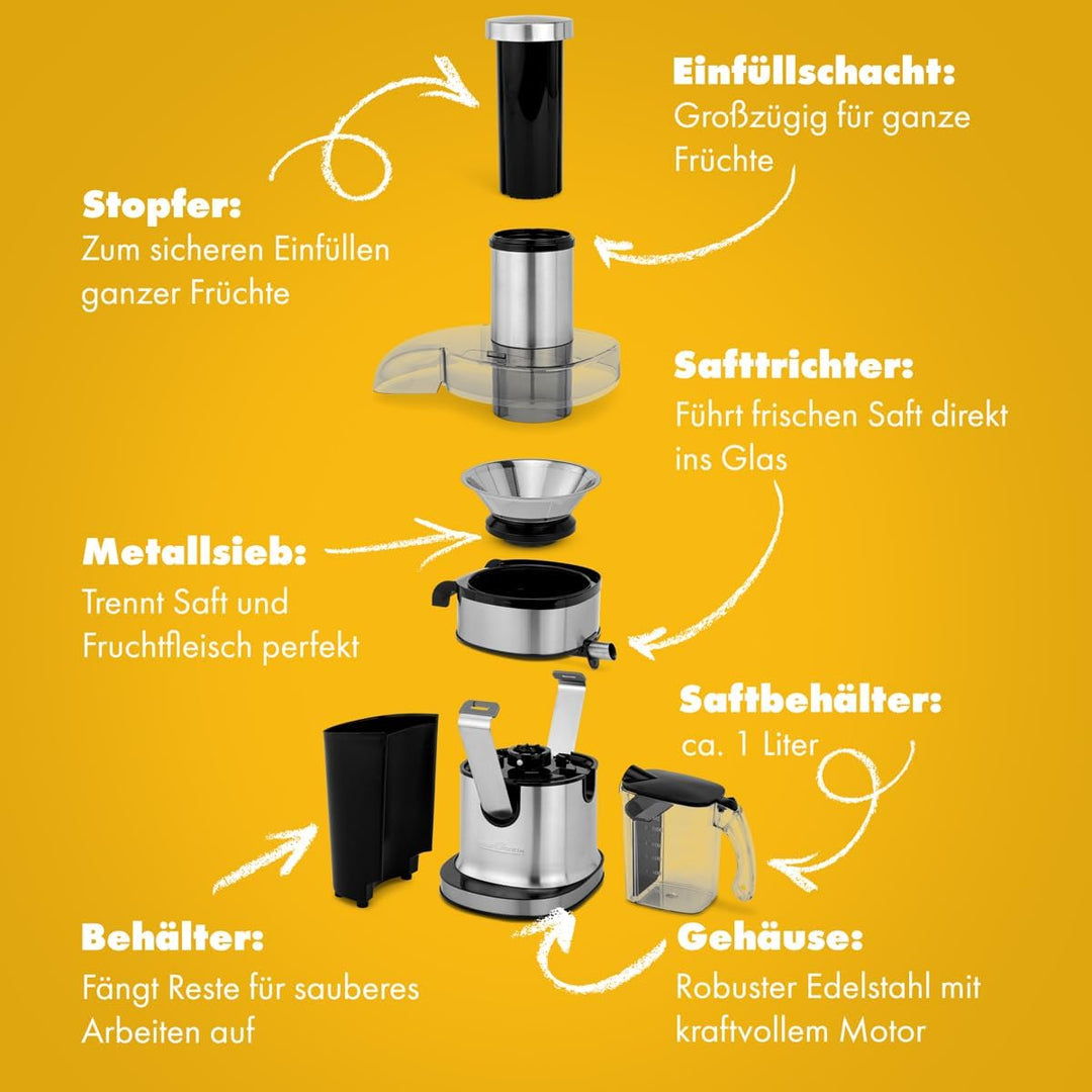 Profi Cook Entsafter PC-AE 1156 Automatik-Saftpresse mit hochwertigem Edelstahl-Gehäuse, 1 Liter Saf