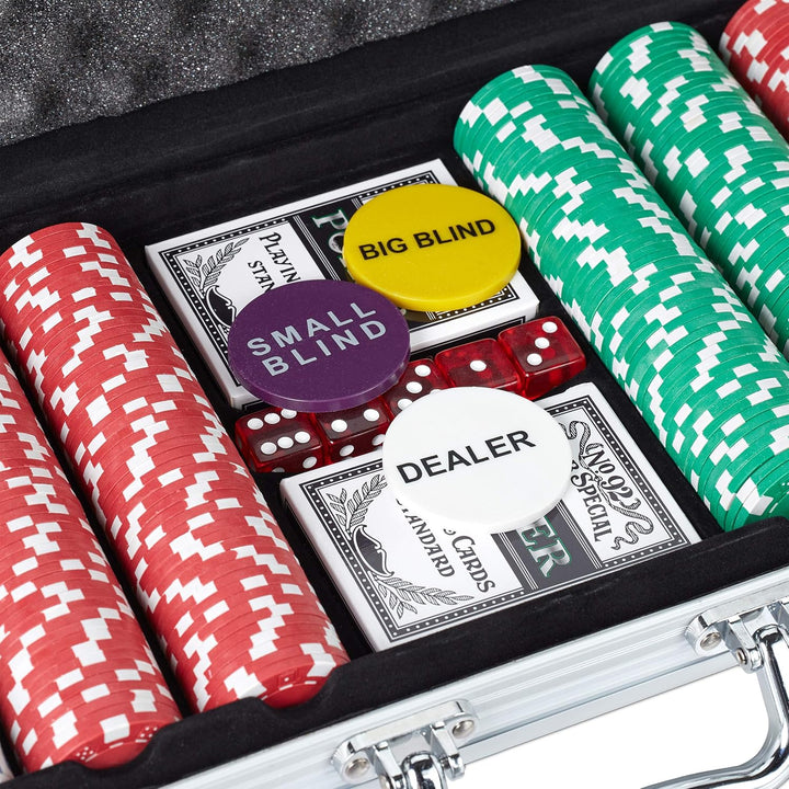 Relaxdays Pokerkoffer, 500 Pokerchips ohne Wert, 2 Kartendecks, 5 Würfel, Button Set, abschliessbar,