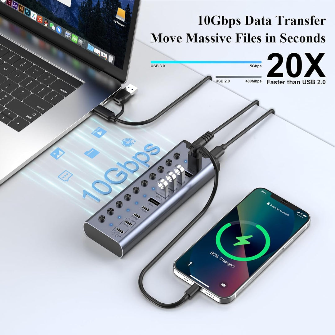 Aktiver USB-Hub, 10-Port USB-C-Hub mit 5 USB-A 3.2, 2 USB-C 3.2 und BC1.2 sowie 2 PD 45W Ladeanschlü