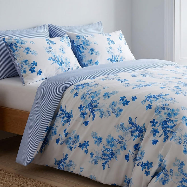 LERUUM Bettwäsche Set 135X200 Baumwolle Streifen Blumen Reversibel Blau Bettbezugen (135 x 200 + 80