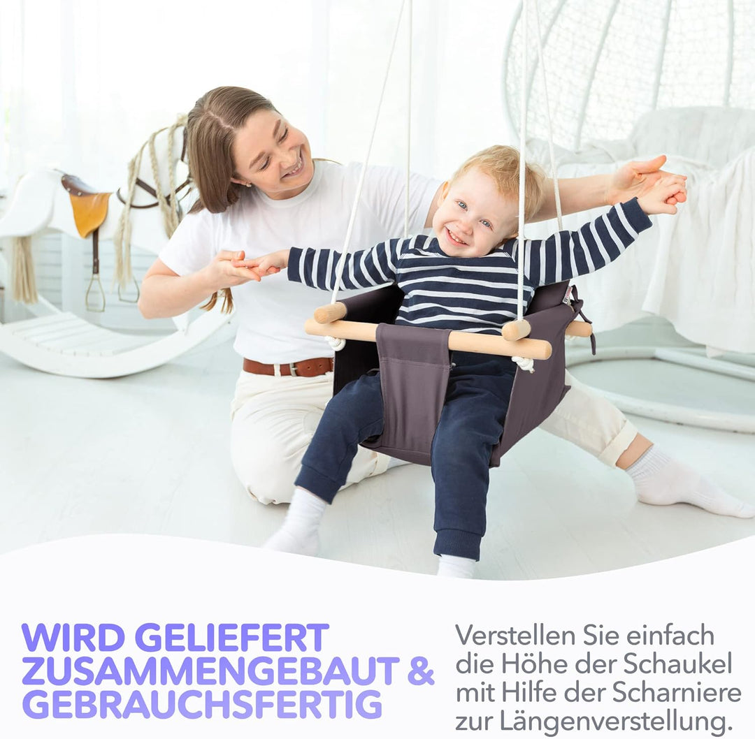 Cateam Canvas Babyschaukel Blau - Hängesessel aus Holz für Baby mit Sicherheitsgurt und Montageteile