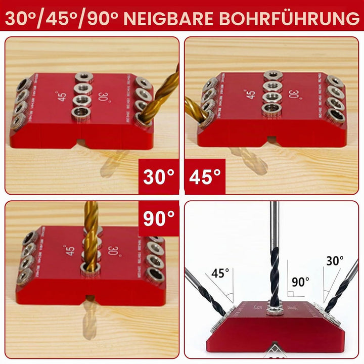 Holzdübel-Bohrschablone für Möbelbau, 3-in-1 Bohrständer zum senkrechten Bohren, Bohrlehre mit 30°/4
