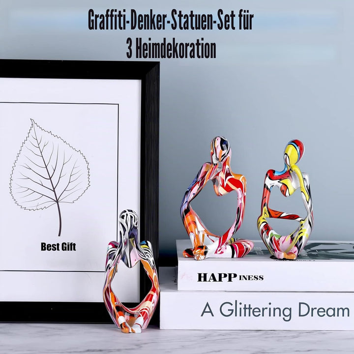 3 Stück abstrakte Graffiti-Denker-Statuen und Skulpturen, bunte Mini-Denker-Figur, Ornamente, minima