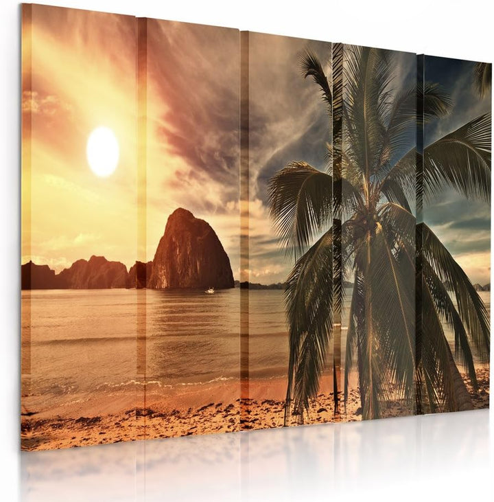 Feeby Frames, Leinwandbild Bilder Wand Bild - 5 Teile - Wandbilder Kunstdruck (PALME, SONNENUNTERGAN