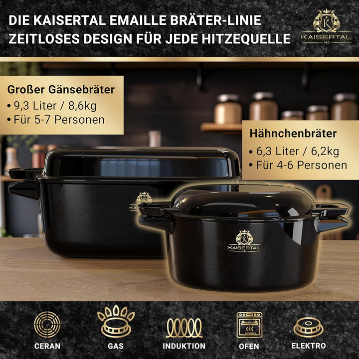 KAISERTAL Gusseisen Topf - 26cm Emaillierter Schmortopf mit Deckel 4,8L & Gusspfanne 1,8L – Gusseise