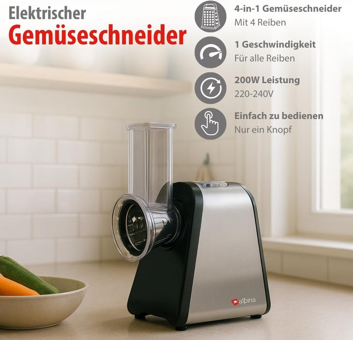 alpina 4-in-1 Gemüseschneider Elektrisch - Multifunktional Zerkleinerer - Küchenreibe - Gemüsereibe