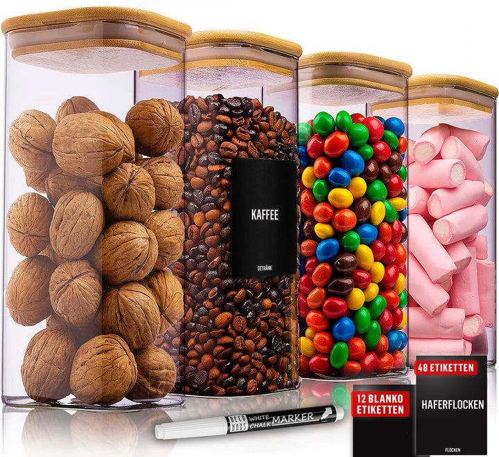 Deco haus® Vorratsgläser mit Deckel 4er Set + Etiketten [LUFTDICHT] - Für Müsli, Cornflakes, Spaghet