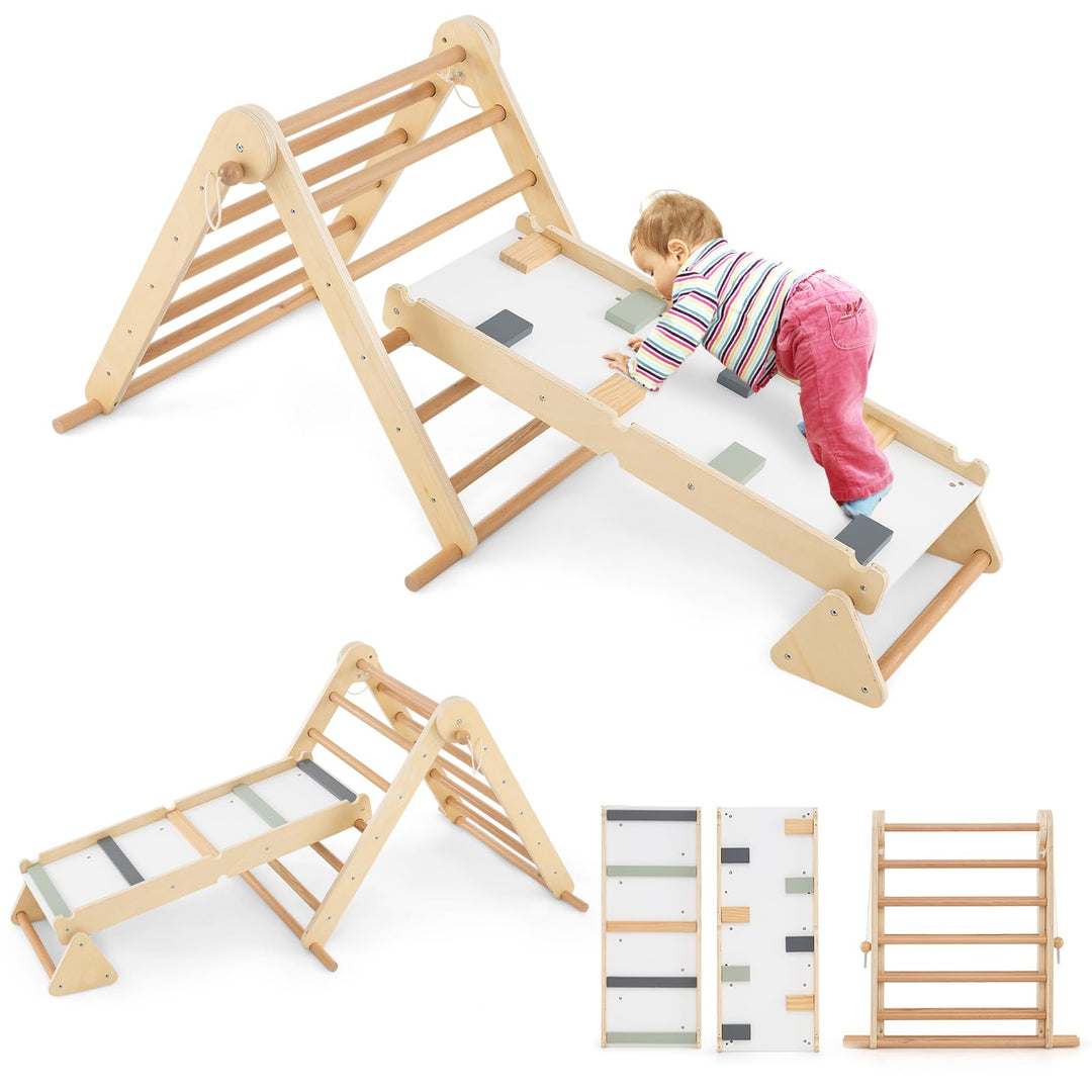 COSTWAY Klettergerüst Indoor, 3 in 1 Kletterdreieck & Kletterleiter & Wippe, Kletterdreieck klappbar