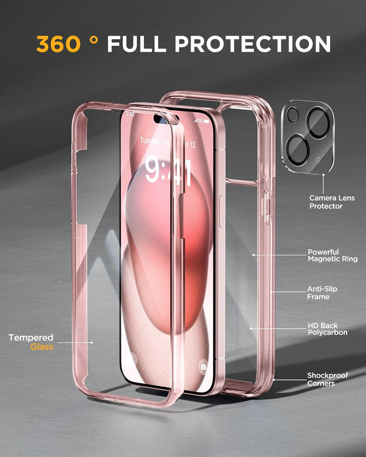 Miracase 360 Grad für iPhone 15 Hülle mit Eingebaut Glas Schutzfolie und Kameraschutz, Stossfest Kom