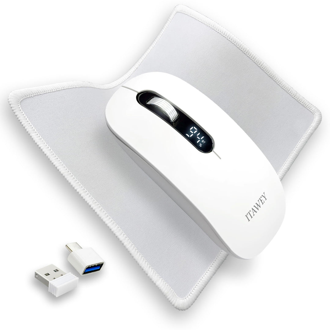 Kabellose Maus & Mauspad Set - mit LCD-Anzeige, Bluetooth & Nano USB, Tri-Modus, wiederaufladbar, le