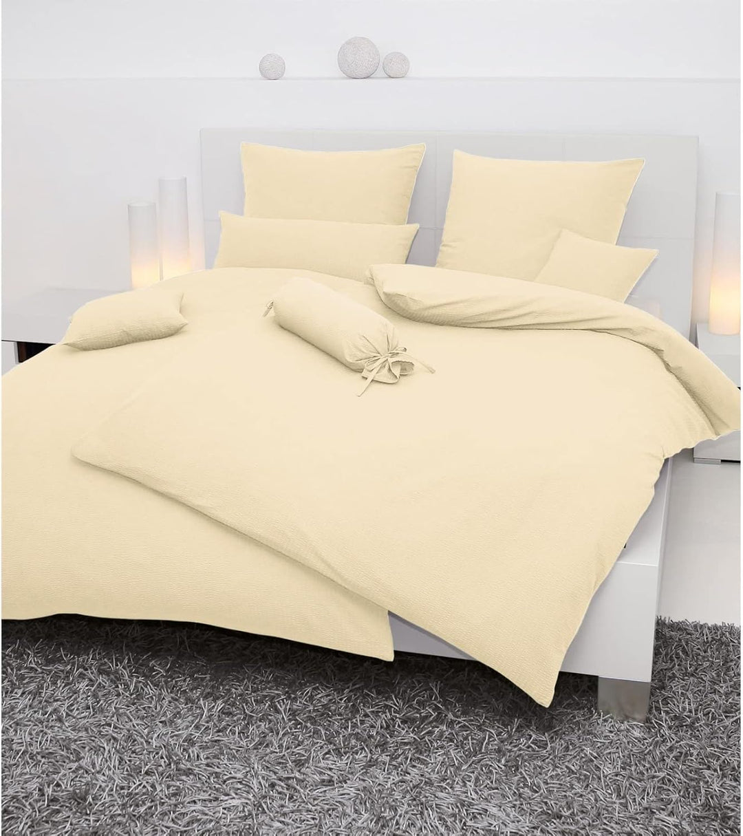 Janine Bettwäsche Seersucker Uni Piano 155x220 cm inklusive Kissenbezug 80x80 cm Creme 155x220 cm +