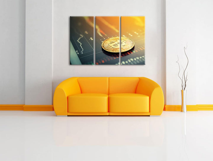 Bitcoin BTC Aktienmarktals Leinwandbild 3 teilig | Grösse: 120x80 cm | Wandbild | Kunstdruck | ferti