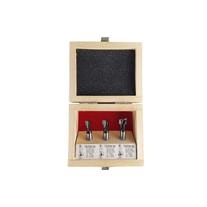STIER T-Nutfräser-Set 3-teilig M5 M6 und M8 Schrauben, 8 mm Schaft, für Oberfräsen, T Nut Fräser, T