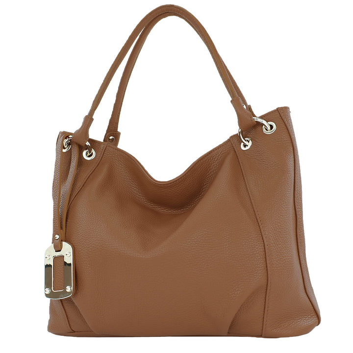 modamoda de - T339 - ital. Schultertasche Shopper aus Leder Schokobraun, Schokobraun
