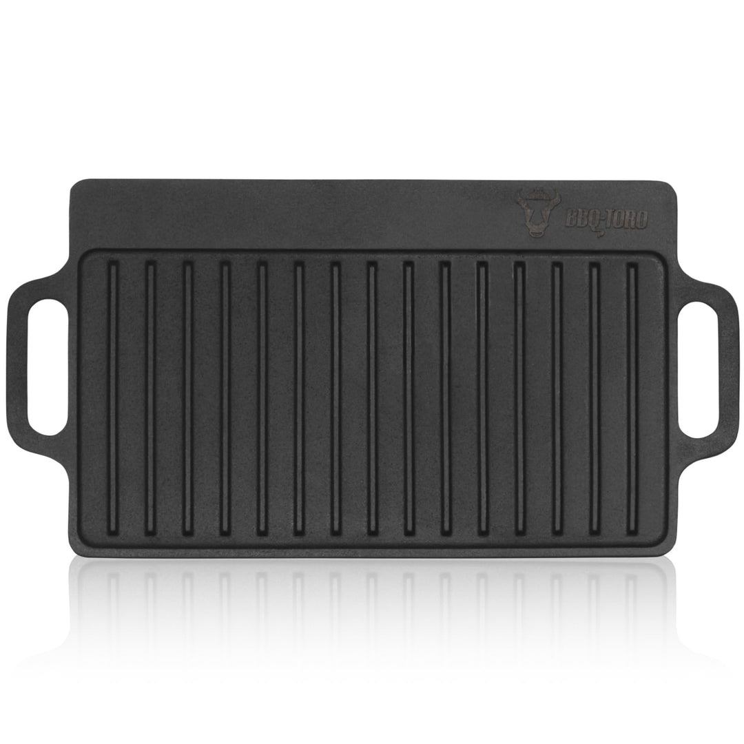 BBQ-Toro Gusseisen Grillplatte mit Griffen | 40 x 20,5 cm | Grillpfanne, beidseitig verwendbar | Rec