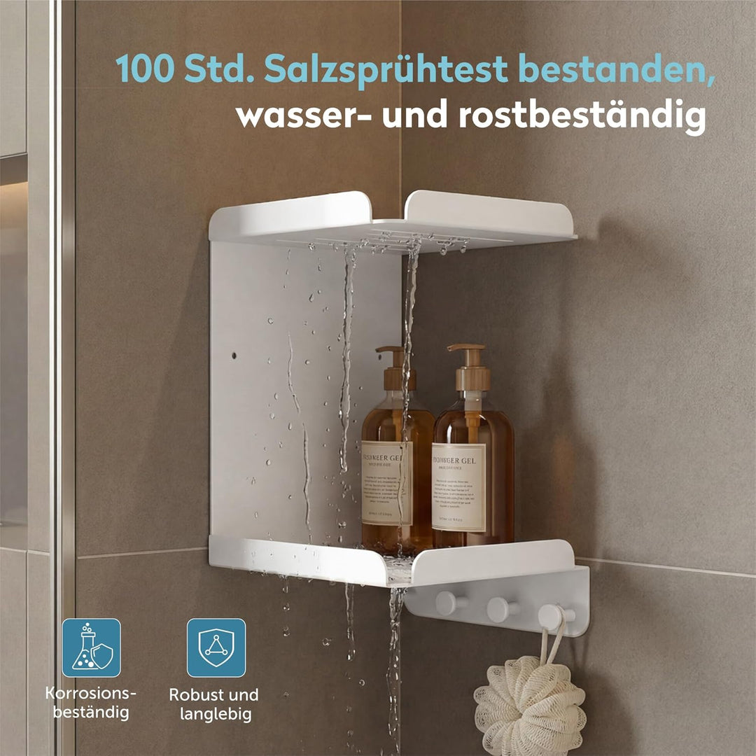 doporro Duschablage ohne Bohren Weiss, Duschregal mit 2 Etagen und 3 Haken | Badregal als Duschablag