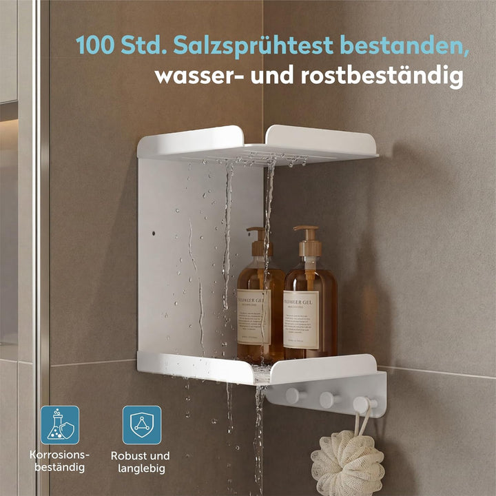 doporro Duschablage ohne Bohren Weiss, Duschregal mit 2 Etagen und 3 Haken | Badregal als Duschablag