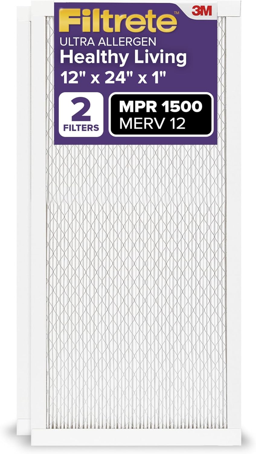 Filtrete 12x24x1 Air Filter, MPR 1500, MERV 12, Healthy Living Ultra-Allergen 3-Month Pleated 1-Inch