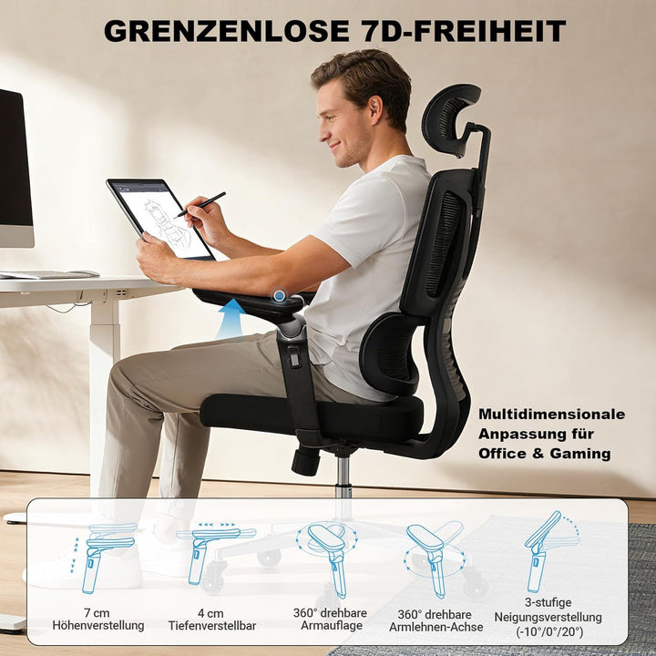 MELOKEA Bürostuhl Ergonomisch, 7D-Armlehnen, Verstellbare Sitztiefe, 4-Stufen Neigung, Gummirollen,