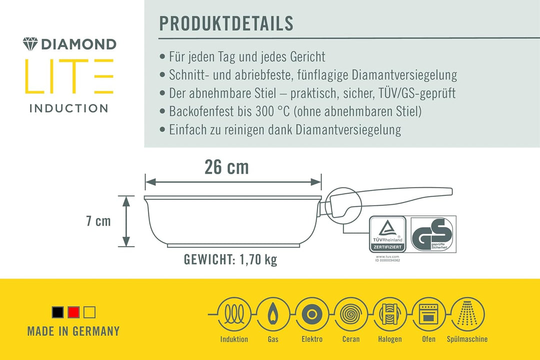 Woll Diamond Lite Hochrandpfanne - Induktiv -, Ø 26 cm, 7 cm hoch, mit abnehmbarem Stiel - Geeignet