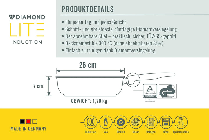 Woll Diamond Lite Hochrandpfanne - Induktiv -, Ø 26 cm, 7 cm hoch, mit abnehmbarem Stiel - Geeignet
