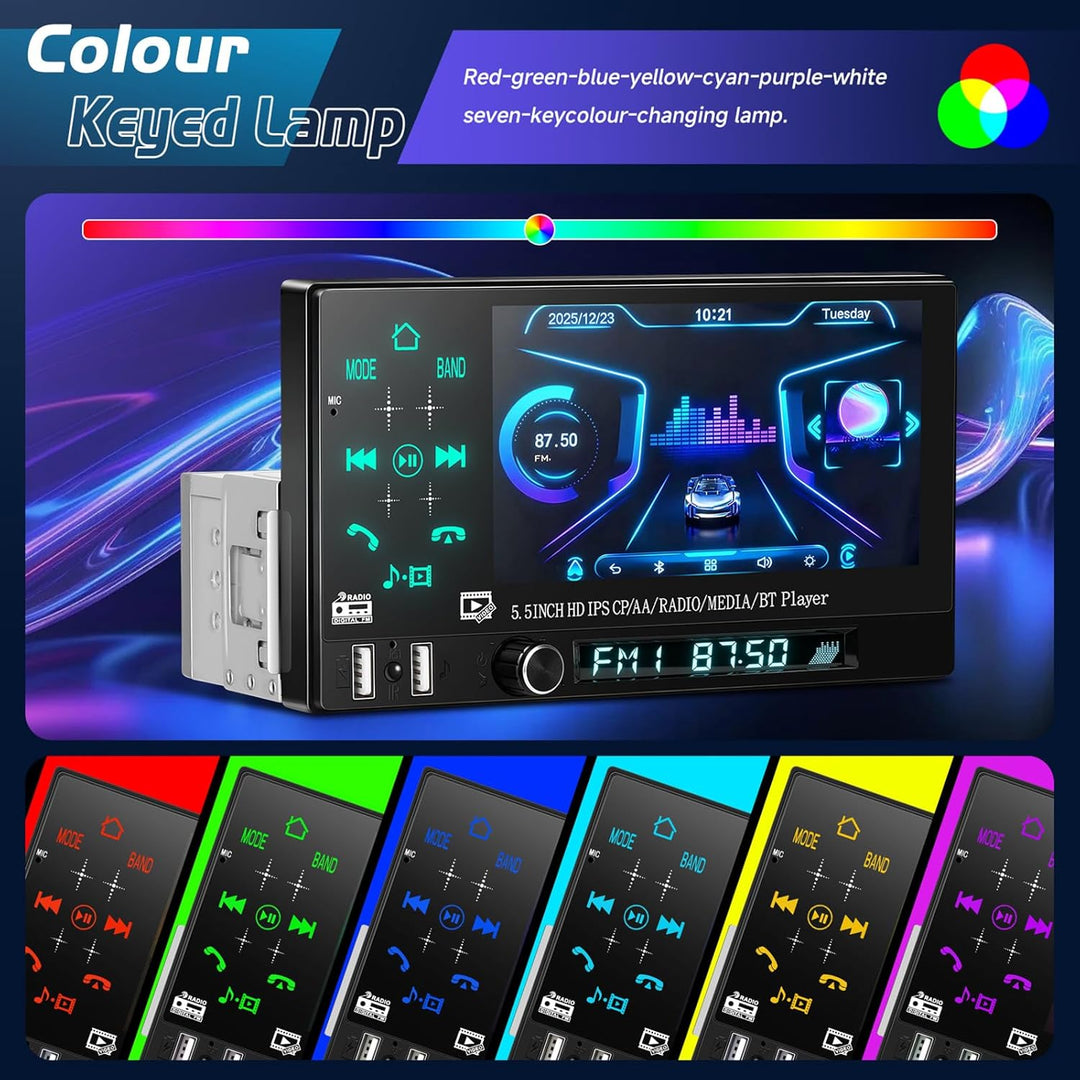 CAMECHO Autoradio 1 Din Wireless Carplay Android Auto Bluetooth Radio, 5.5 Zoll Touchscreen mit IPS
