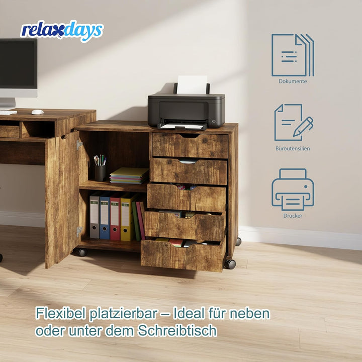Relaxdays Rollcontainer, 5 Schubladen & 2 Fächer, HBT: 65x78x40 cm, Büroschrank, Aktenschrank mit Ro