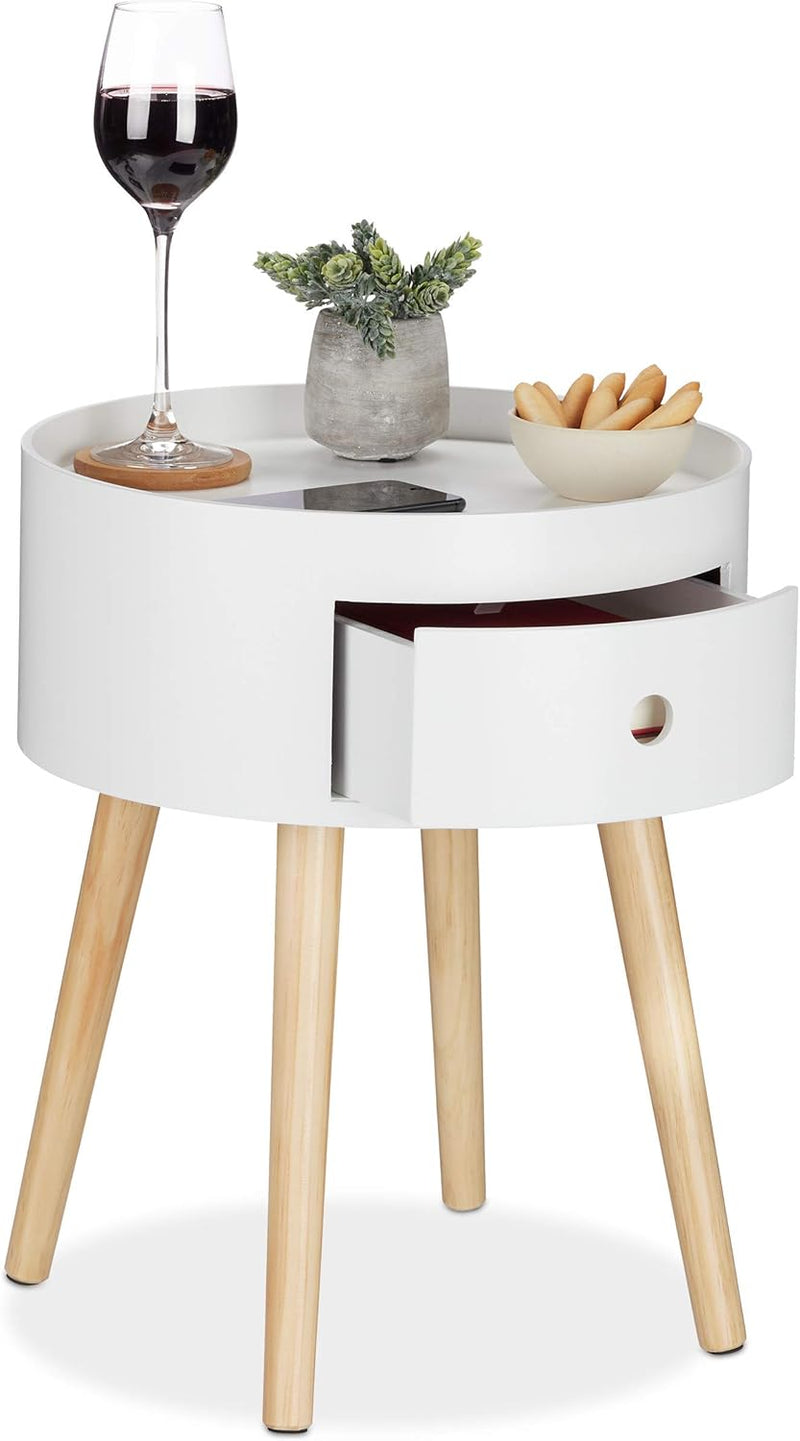 Relaxdays Beistelltisch rund, Schublade, Holzbeine, skandinavisches Design, minimalistisch, HxD 46 x