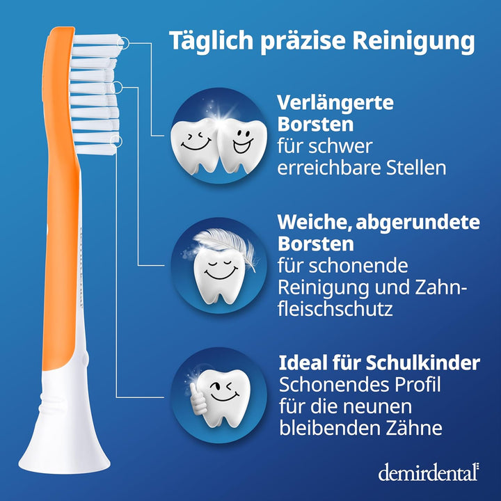 demirdental Kinder Ersatzbürsten passend für Philips Sonicare Kids, Bürstenköpfe ab 7 Jahre, entspri