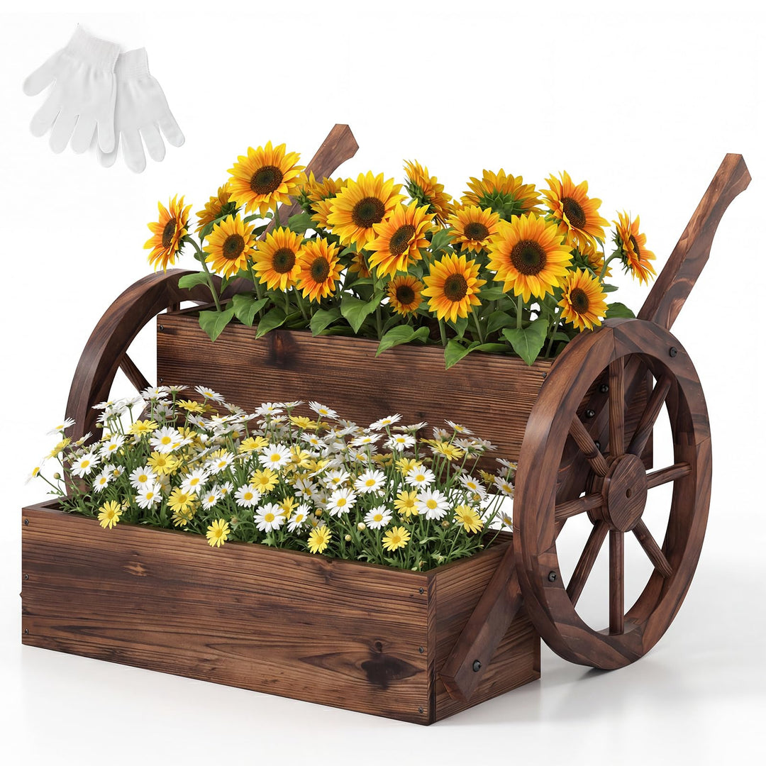 COSTWAY Blumenwagen Holz, Blumenständer mit 2 Rädern & Griffen & Drainagelöchern, Pflanzwagen, 2-stu