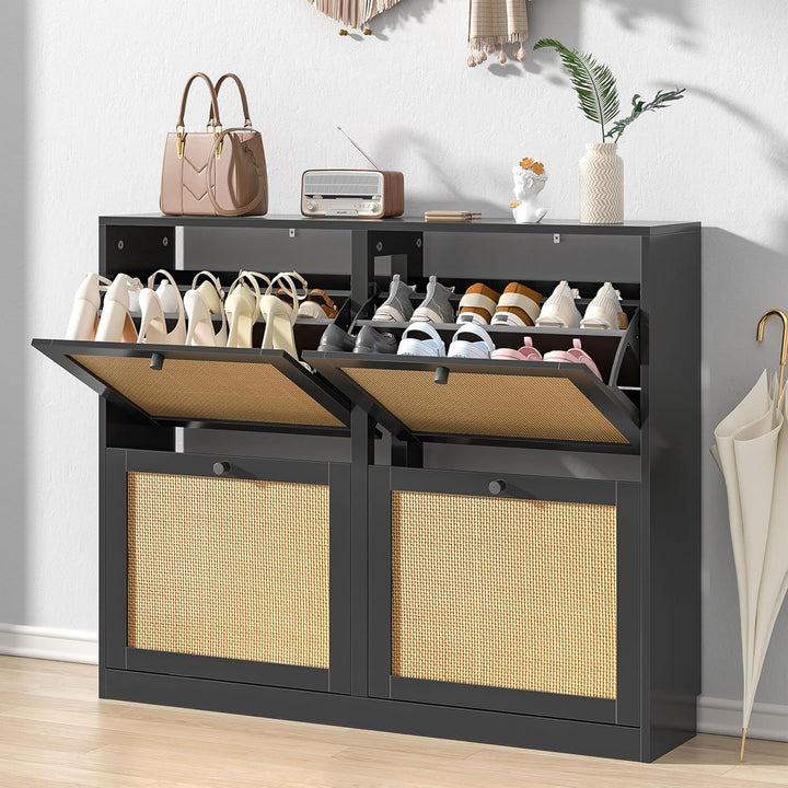 Rattan Schuhschrank mit 4 Klappen, Schuhkipper Schuhkommode mit Einstellbar Ablageflächen Schuhregal