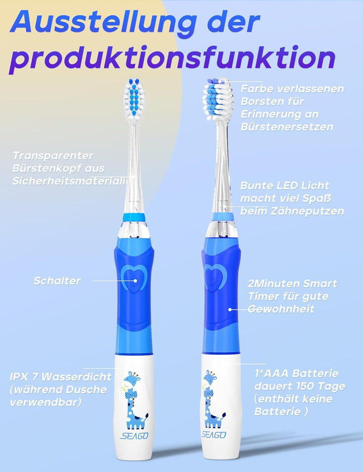 Seago Elektrische Zahnbürste Kinder mit 8 Extra Weiche Aufsteckbürste und 4 Persönliche Modi, LED Li