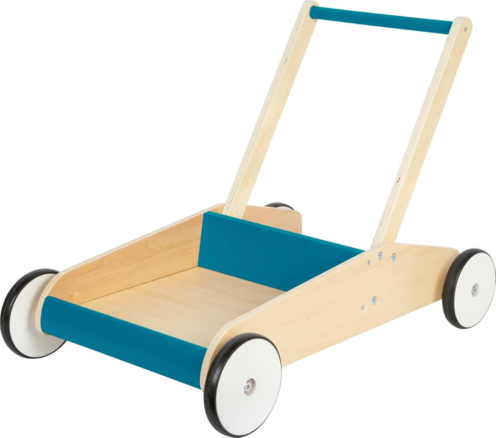 small foot Lauflernwagen Petrolblau, robuster Schiebewagen aus Holz, mit grosser Ladefläche, ab 12 M