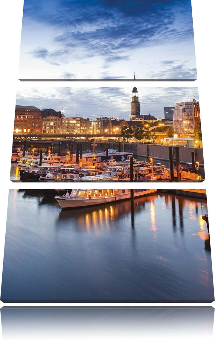Pixxprint Hamburger Hafen am Abend als Leinwandbild - Grösse: 3-Teilig (120x80cm) - Wandbild - Kunst
