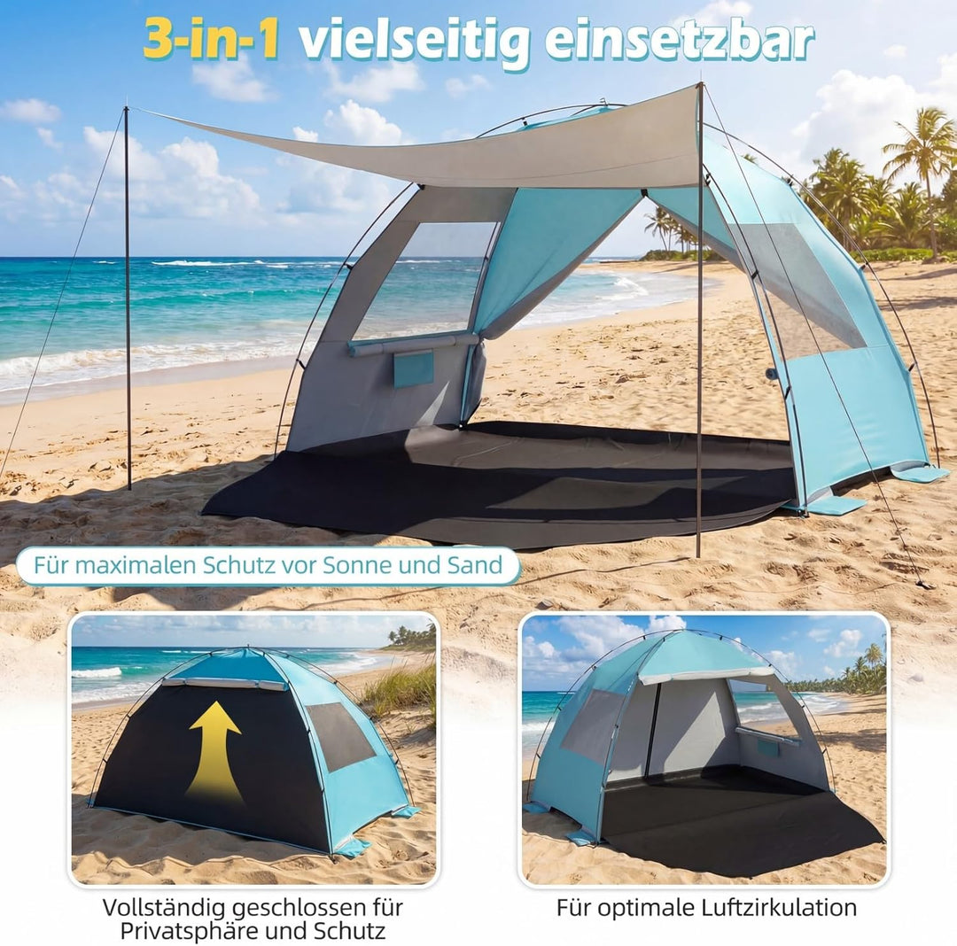 COSTWAY Strandmuschel mit Vordach, Strandzelt UV-Schutz 50+ mit Reissverschlusstüren & Netzfenstern,