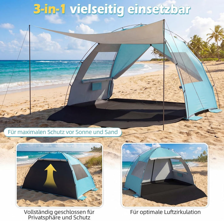 COSTWAY Strandmuschel mit Vordach, Strandzelt UV-Schutz 50+ mit Reissverschlusstüren & Netzfenstern,